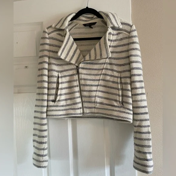 BCBGMAXAZRIA Levi Striped Asymmetrical Zip Cropped Moto Jacket - Picture 4 of 6